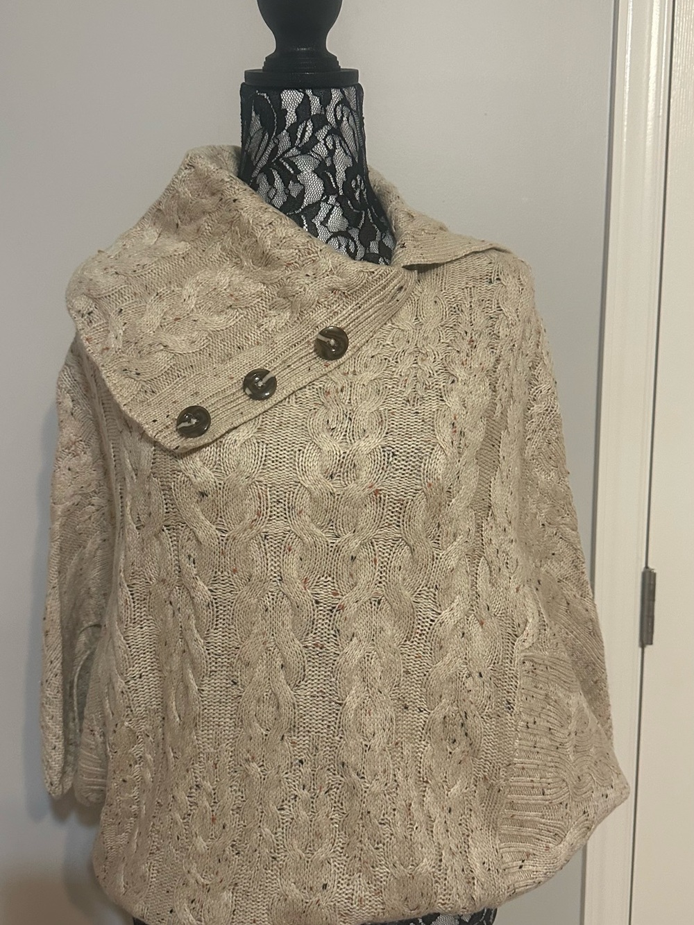 St. John's Bay Cable-Knit Button-Front Poncho in Oatmeal